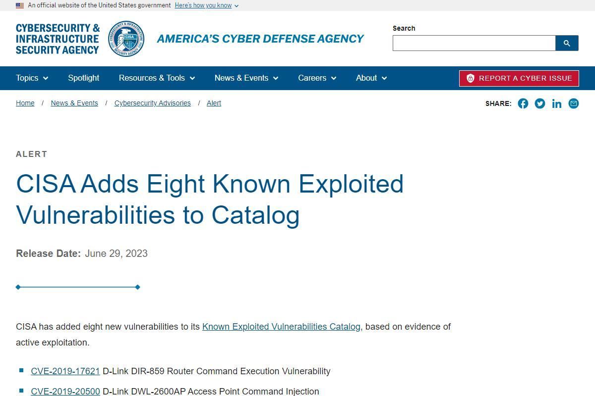 CISA Adds Eight Known Exploited Vulnerabilities to Catalog｜CISA