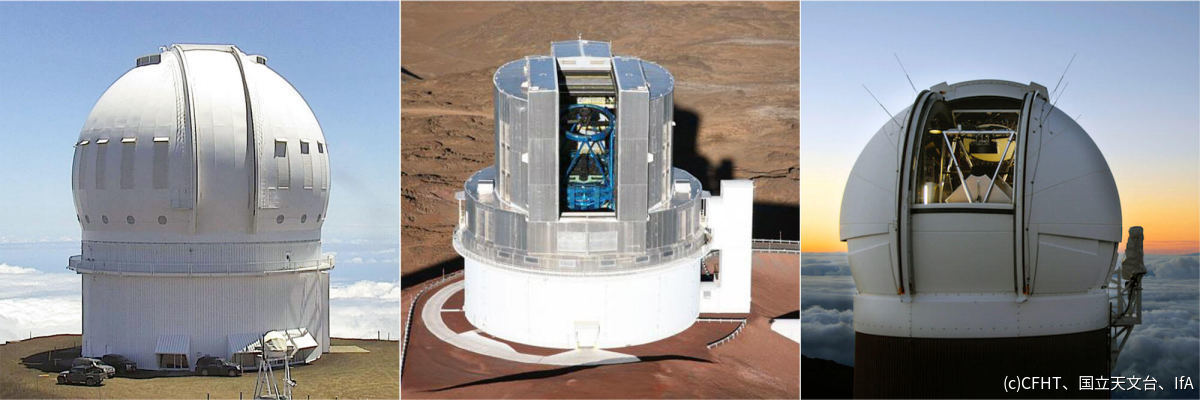 ユークリッドと連携しているハワイの3つの天文台。左からCFHT、すばる望遠鏡、Pan-STARRS。