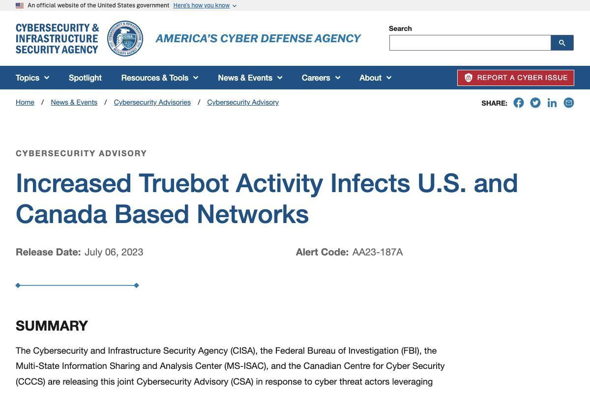 Increased Truebot Activity Infects U.S. and Canada Based Networks｜CISA