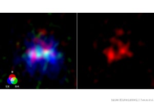 NAOJなど、アルマ望遠鏡で132億光年彼方の銀河の暗黒星雲と散光星雲を識別