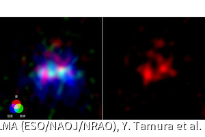 NAOJなど、アルマ望遠鏡で132億光年彼方の銀河の暗黒星雲と散光星雲を識別