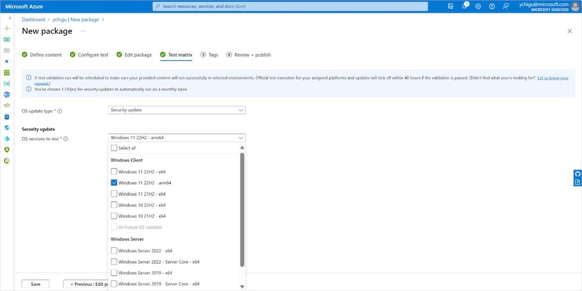テストマトリックスの構成時にARM版Windows 11を選択できる　引用:Windows IT Pro Blog