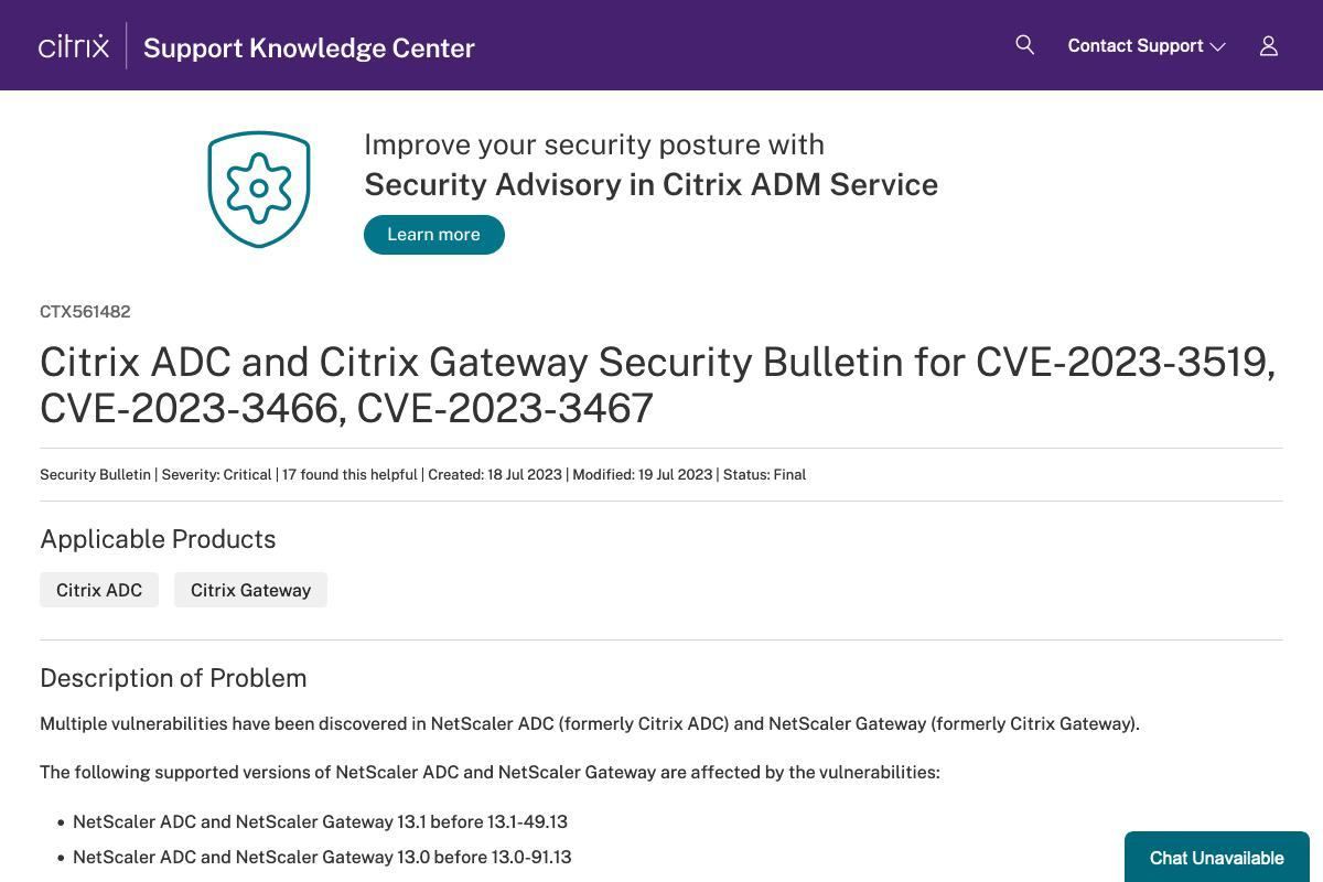 Citrix Releases Security Updates for NetScaler ADC and Gateway｜CISA