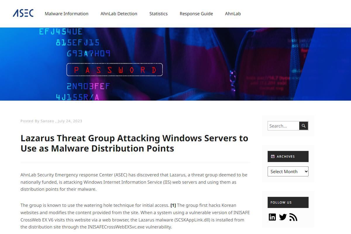 Lazarus Threat Group Attacking Windows Servers to Use as Malware Distribution Points - ASEC BLOG