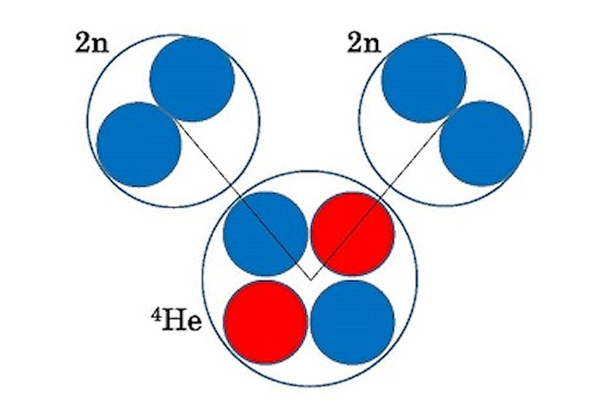 今回発見された8He原子核構造の模式図。2中性子の塊(2n)が2個、4Heの周りに存在する。赤玉が陽子、青玉が中性子を表している。