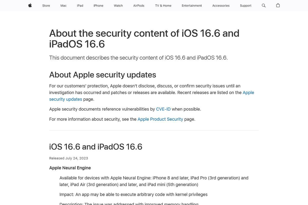 About the security content of iOS 16.6 and iPadOS 16.6 - Apple Support