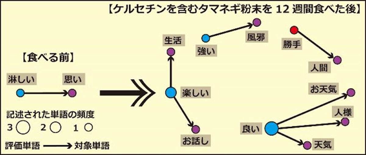 記述された単語のネットワーク図。Text Mining Studio version 6.4を用いて、ミニメンタルステート検査で記述された文章から作成された単語のネットワーク図が示されている。矢印は文章内の単語(記述通りに記載)のつながりが示されている。