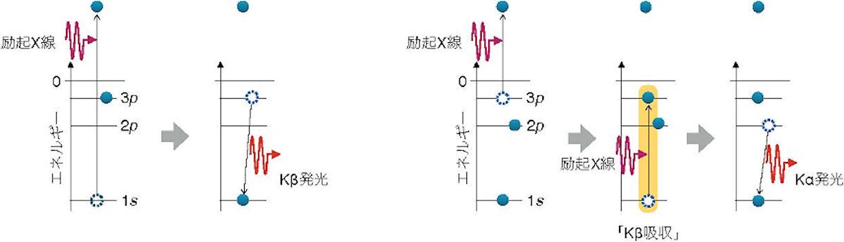 通常の蛍光X線放出過程と非線形共鳴非弾性X線散乱。(左)通常の蛍光X線放出過程の模式図。X線で1s電子を励起してできたホール(点線の丸)を、3p電子が埋める時にKβ線が放出される。(右)非線形共鳴非弾性X線散乱の模式図。1光子目で3p軌道にホールを作る。次に、2光子目で1s電子を3p軌道に励起する。この2光子目の部分が左のKβ発光の逆過程(Kβ吸収)になっている。最後に、1s軌道のホールを2p電子が埋める時にKα線が放出される。