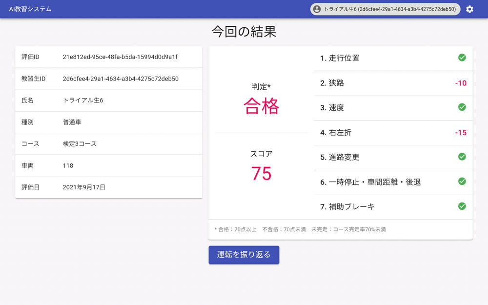 AI教習車走行後の評価例