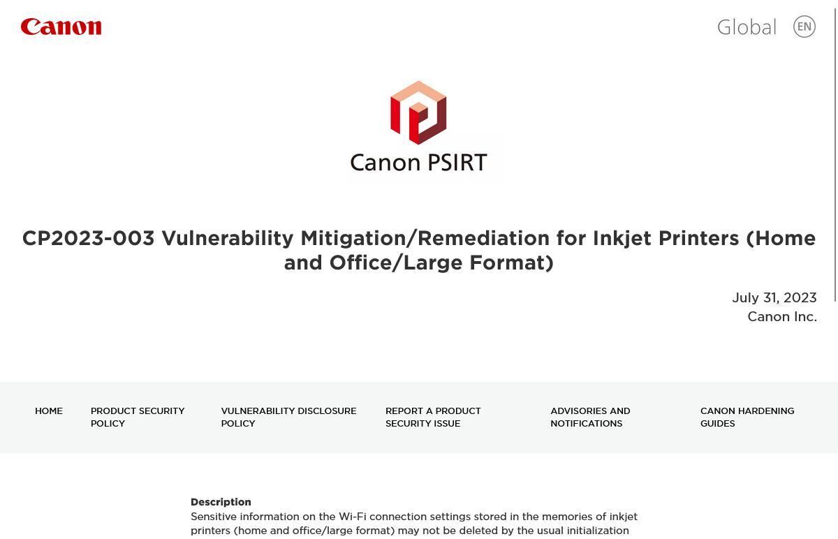 CP2023-003 Vulnerability Mitigation/Remediation for Inkjet Printers (Home and Office/Large Format) - Canon PSIRT