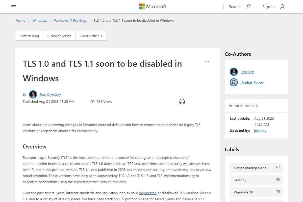 TLS 1.0 and TLS 1.1 soon to be disabled in Windows - Microsoft Community Hub