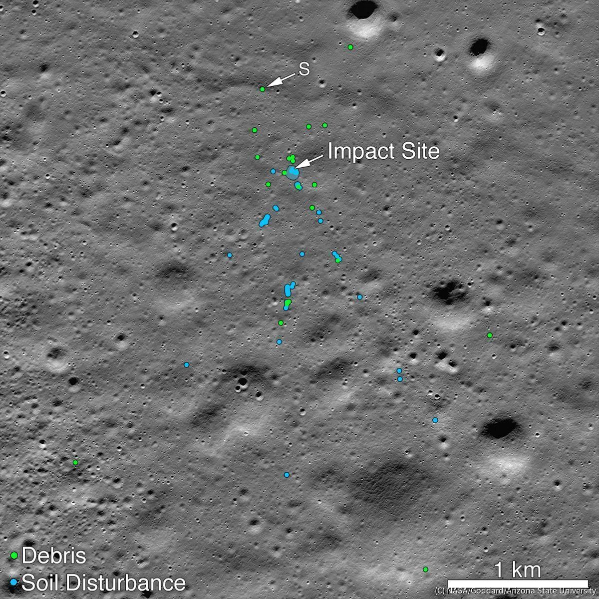 NASAの月探査機「ルナー・リコネサンス・オービター」が撮影した、ヴィクラムが墜落した地点