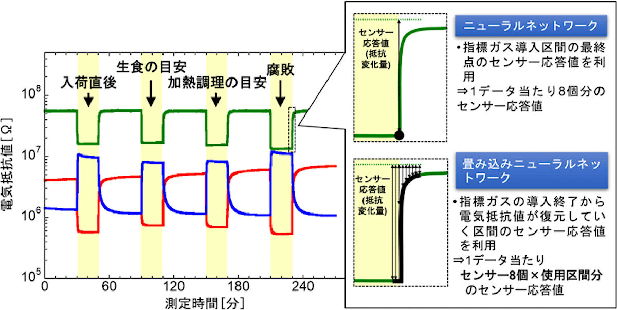 8種の半導体式センサのうち、3種の電気抵抗値の変化と学習データに用いられたセンサ応答値。入荷直後、生食、加熱調理、腐敗の目安となる指標ガスが計測された。図中の黄色の区間で指標ガスが導入される。赤は一般的なn型半導体式センサ、青は一般的なp型半導体式センサ、緑はバルク応答型センサの抵抗値が示されている。