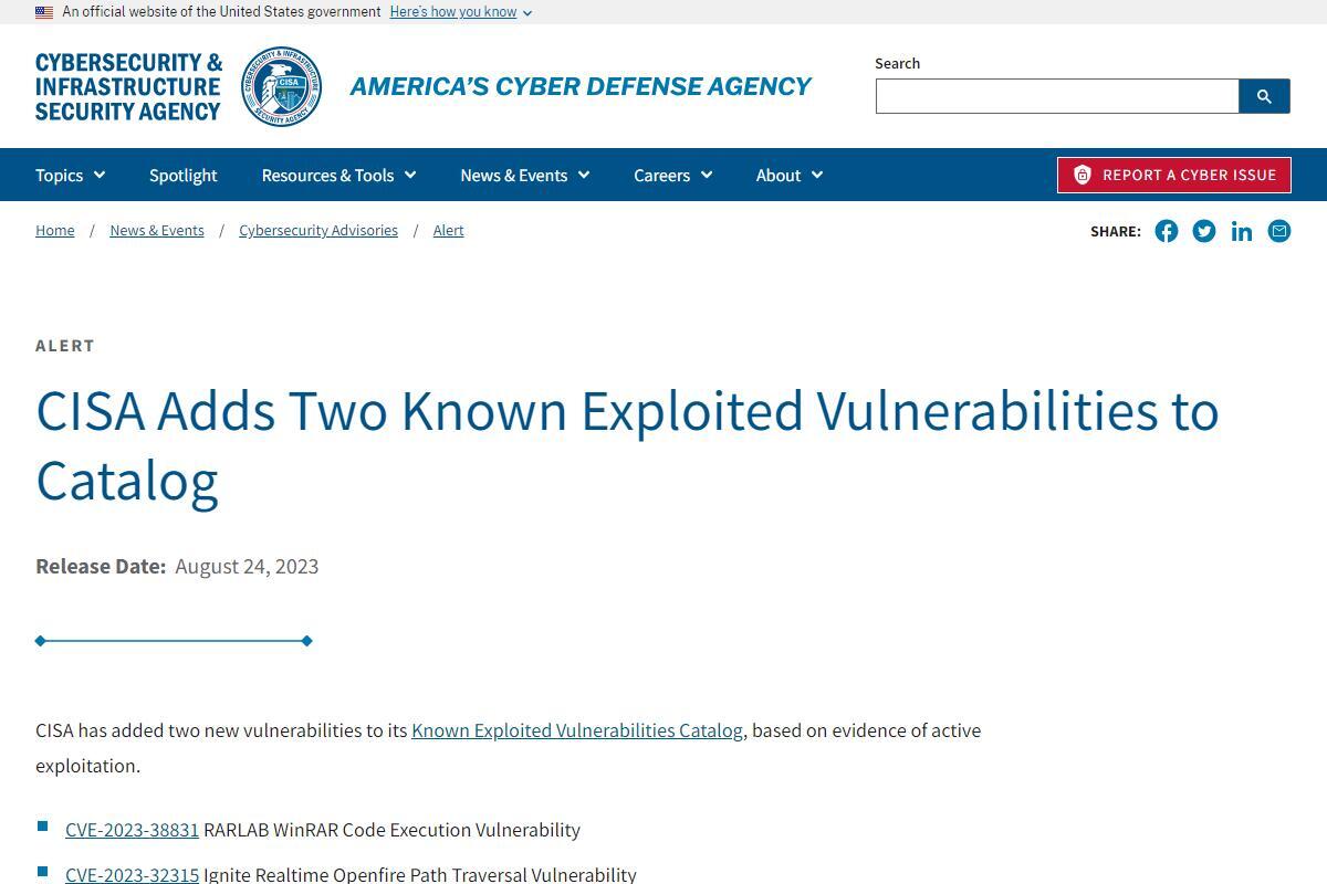 WinRARとOpenfireの脆弱性のサイバー攻撃への悪用確認、CISAが警告 