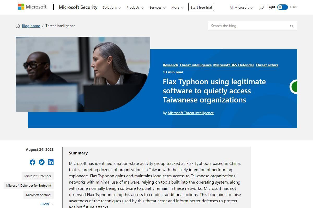 Flax Typhoon using legitimate software to quietly access Taiwanese organizations｜Microsoft Security Blog