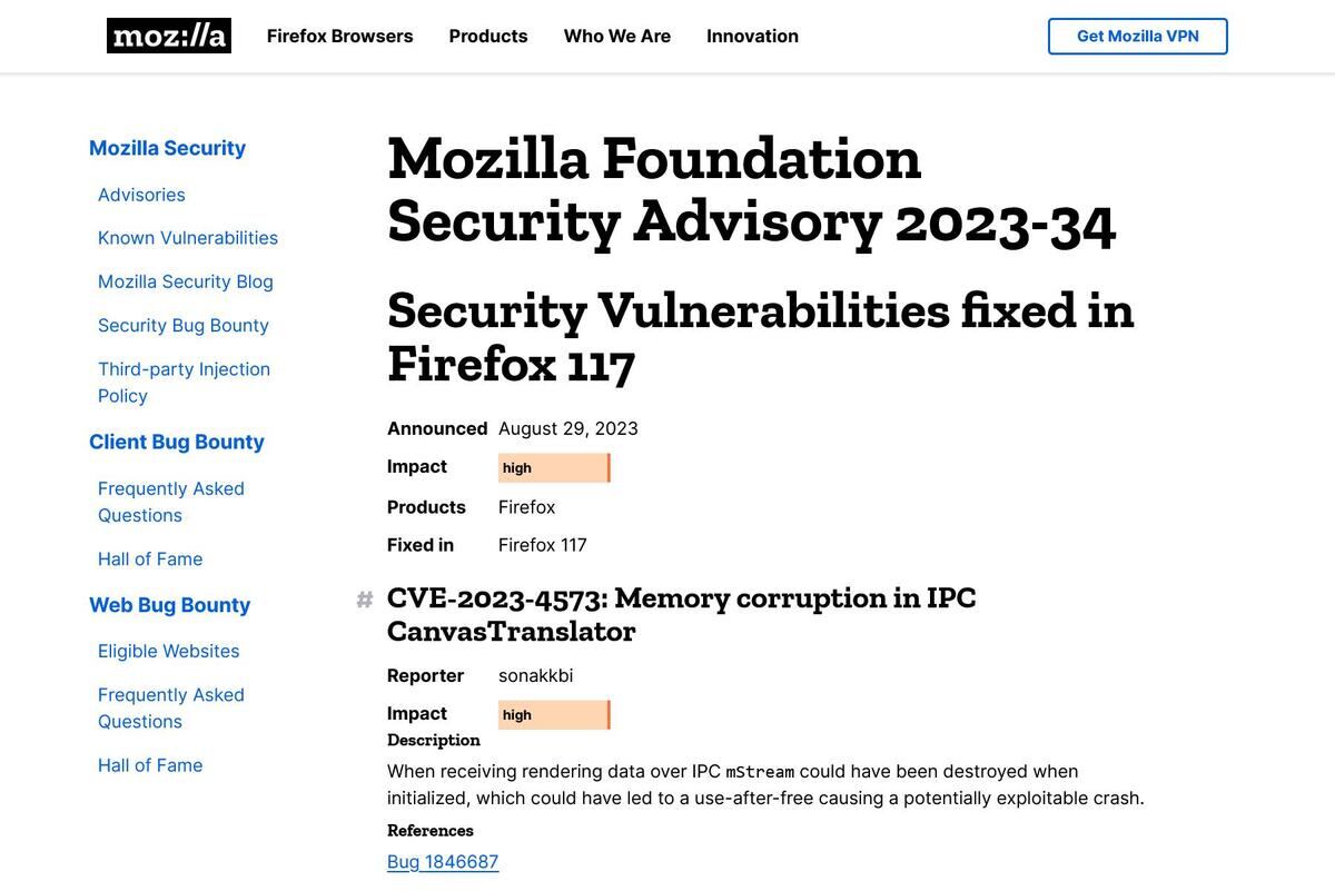 Security Vulnerabilities fixed in Firefox 117 — Mozilla