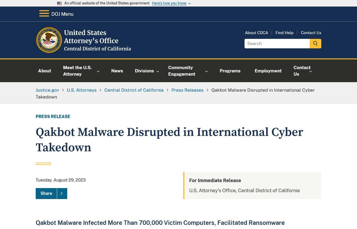  Central District of California｜ Qakbot Malware Disrupted in International Cyber Takedown｜United States Department of Justice