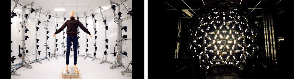 （左）3Dスキャンシステム：国内最大規模となる約180台のカメラでボディとフェイスを1度に撮影可能　（右）4Dスキャンシステム：顔から首周りの映像制作および機械学習向けにボリュメトリックキャプチャが可能