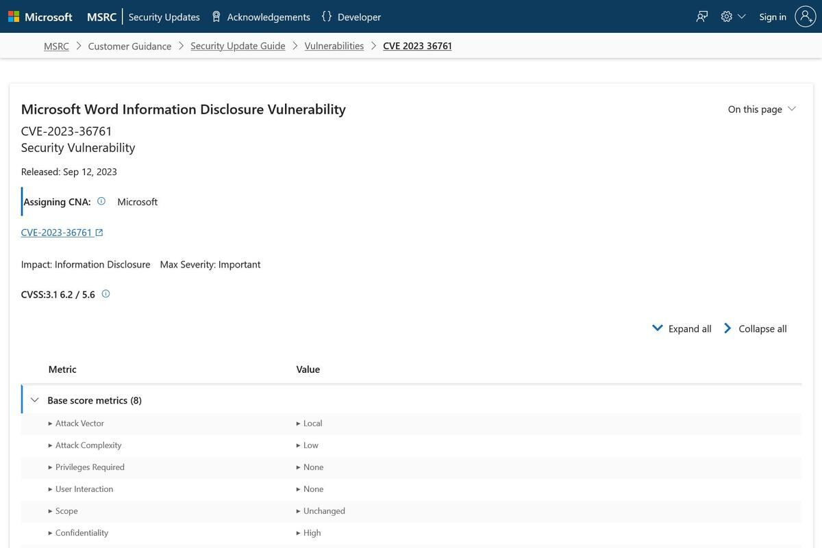 CVE-2023-36761 - Security Update Guide - Microsoft - Microsoft Word Information Disclosure Vulnerability