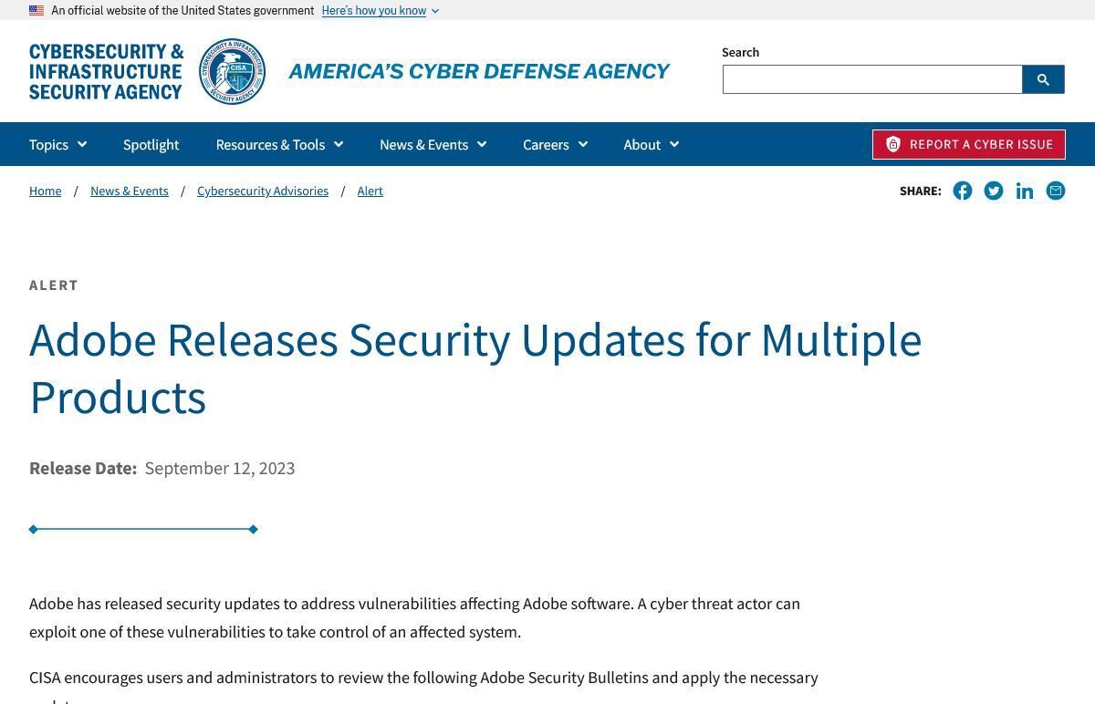 Adobe Releases Security Updates for Multiple Products｜CISA