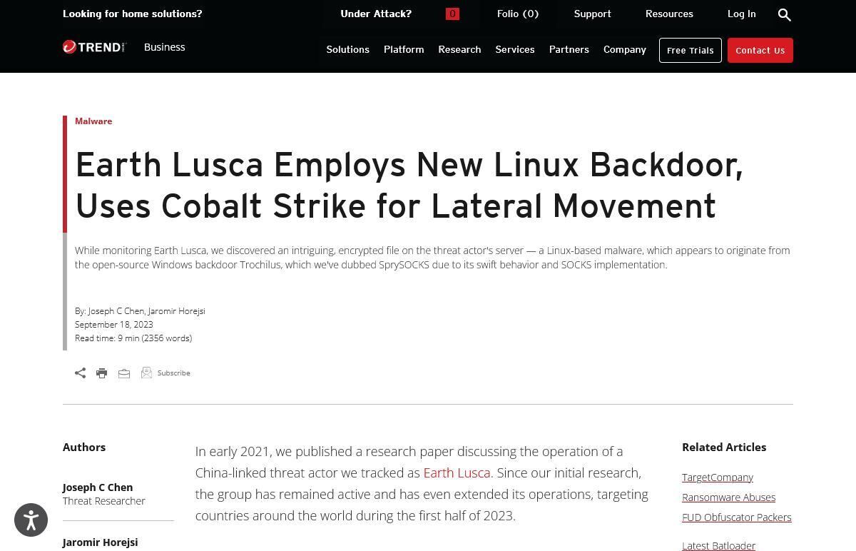 Earth Lusca Employs New Linux Backdoor、Uses Cobalt Strike for Lateral Movement