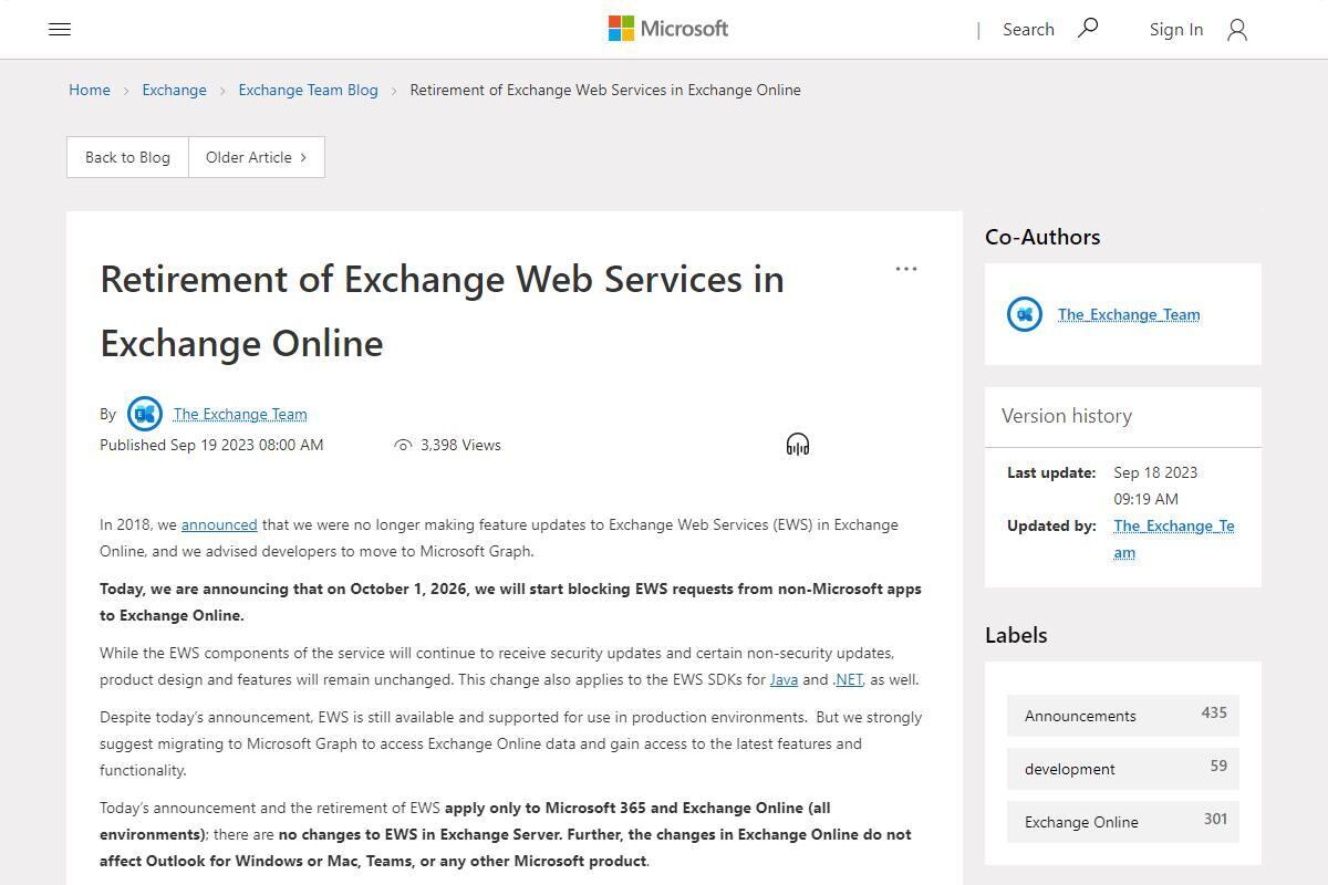 Retirement of Exchange Web Services in Exchange Online - Microsoft Community Hub