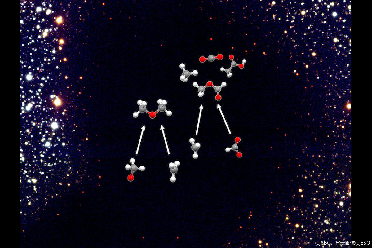 今回の研究で得られた、低温の星形成領域内で、ジメチルエーテルとギ酸メチルといった複雑な有機分子ができる反応経路のイメージ。
