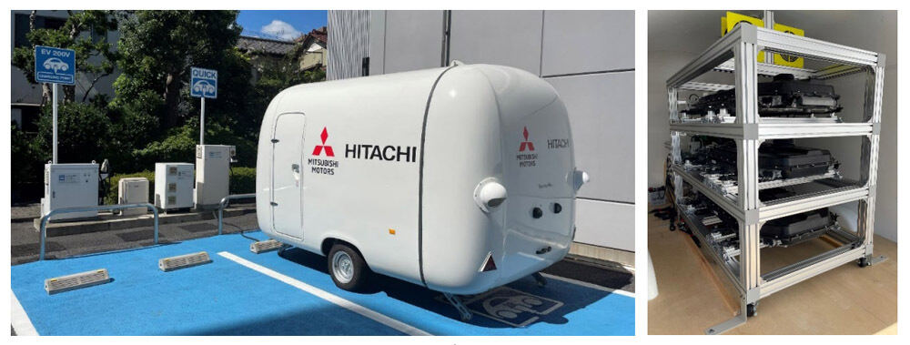 ：バッテリキューブから給電している様子 右図：バッテリキューブに搭載しているリユースバッテリ