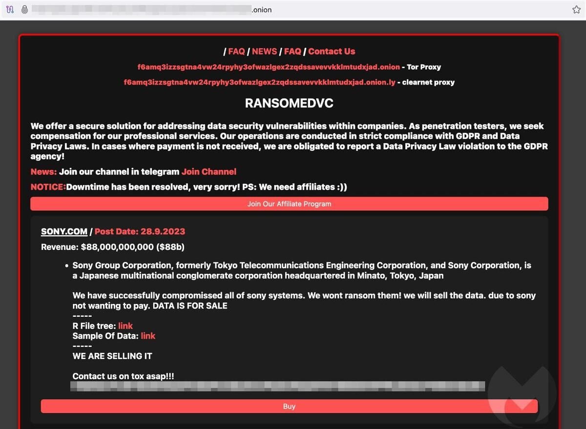 ソニーのシステムを侵害したと主張するRansomedVCのダークWebサイト - 提供：Malwarebytes