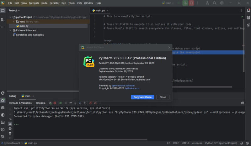 「PyCharm 2023.3」EAP版起動画面