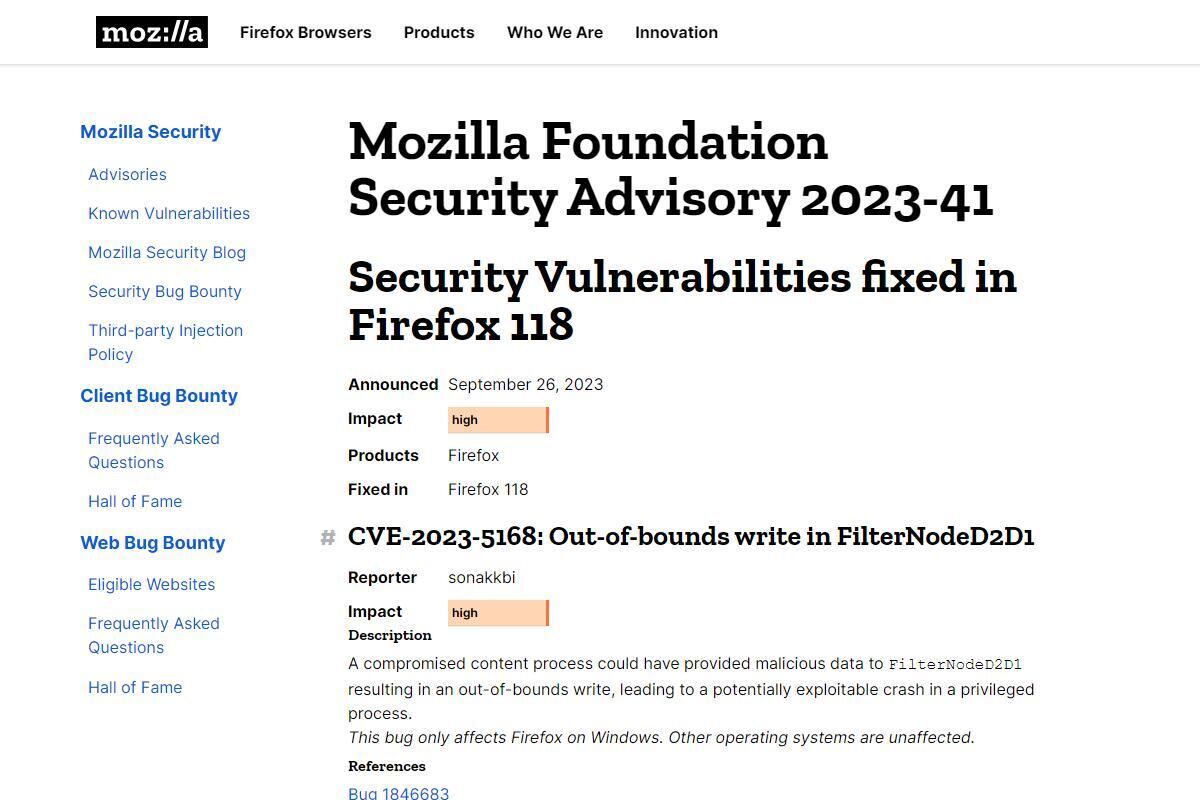 Security Vulnerabilities fixed in Firefox 118 — Mozilla