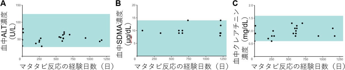 長期間マタタビを与えられたネコの肝障害・腎障害の評価試験の結果。