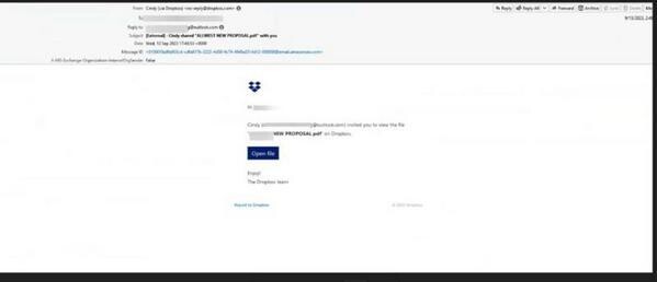 Dropboxから直接送付される詐欺メールの例 - 提供：Check Point