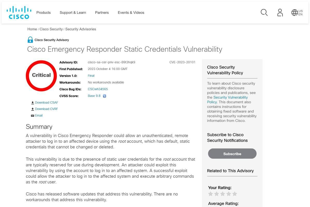 Cisco Emergency Responder Static Credentials Vulnerability
