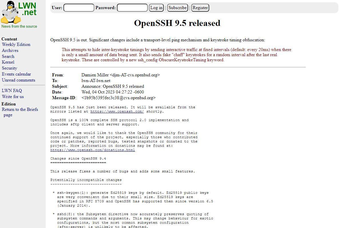 OpenSSH 9.5 released [LWN.net]