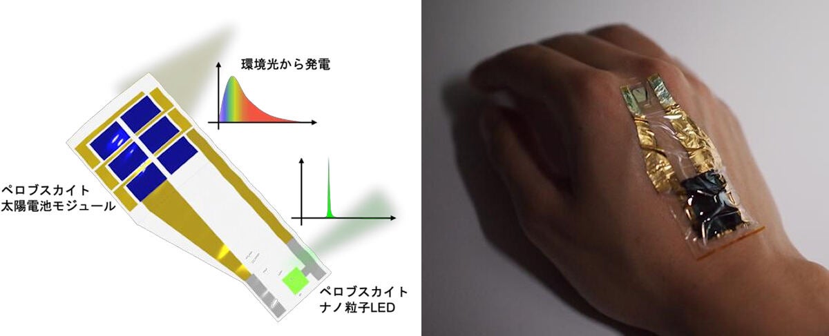 今回開発されたペロブスカイト太陽電池とペロブスカイトナノ粒子LEDを組み合わせた、超薄型電源内蔵型光センサの構造図