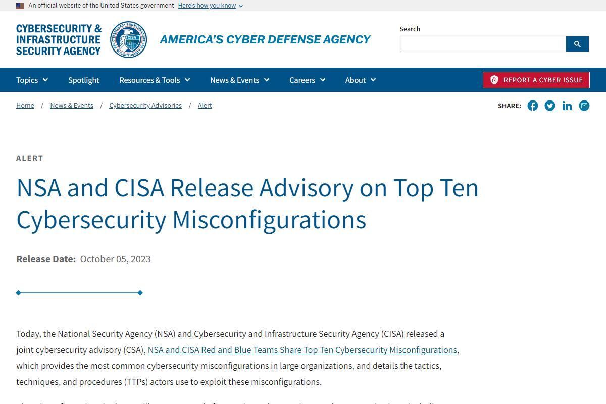 NSA and CISA Release Advisory on Top Ten Cybersecurity Misconfigurations｜CISA