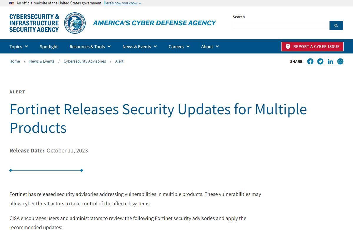Fortinet Releases Security Updates for Multiple Products｜CISA