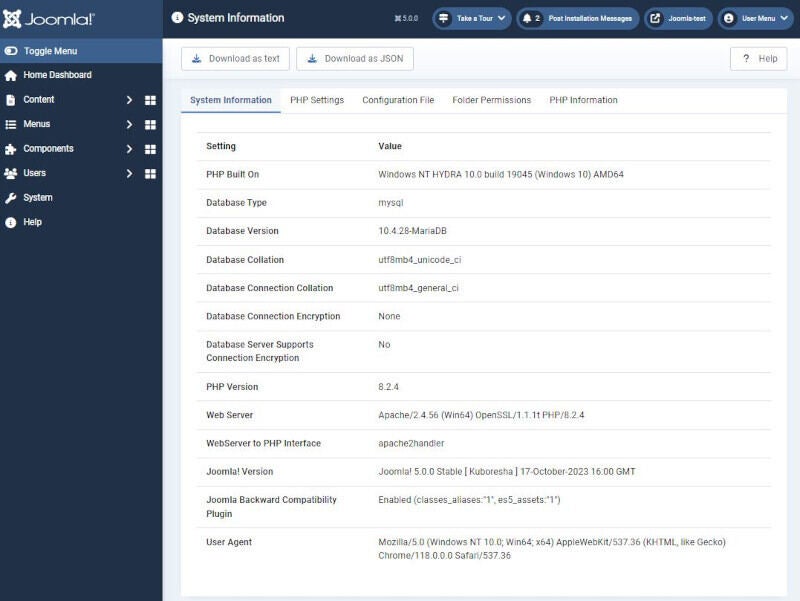 「Joomla 5.0」管理画面「System Information」