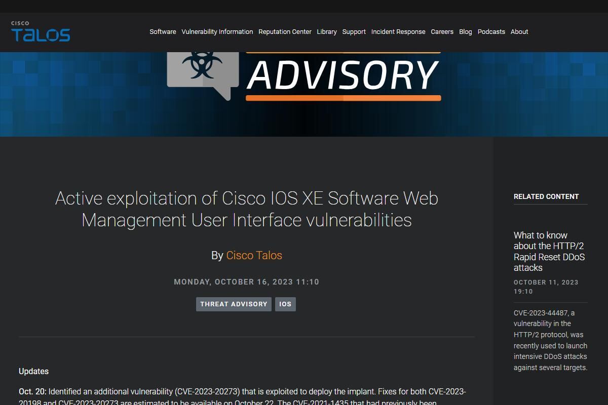 Active exploitation of Cisco IOS XE Software Web Management User Interface vulnerabilities