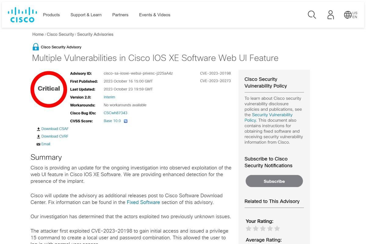 Multiple Vulnerabilities in Cisco IOS XE Software Web UI Feature