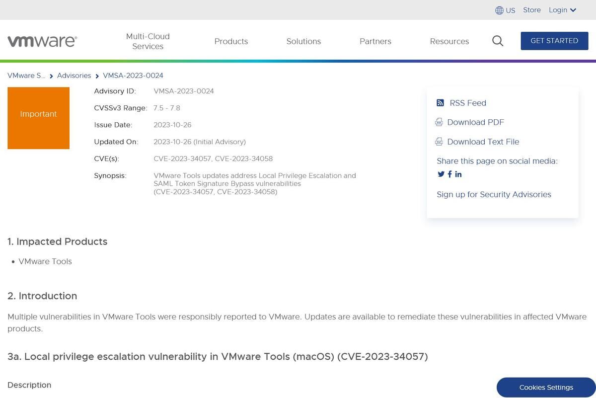 VMSA-2023-0024 - VMware Tools updates address Local Privilege Escalation and SAML Token Signature Bypass vulnerabilities (CVE-2023-34057、CVE-2023-34058)