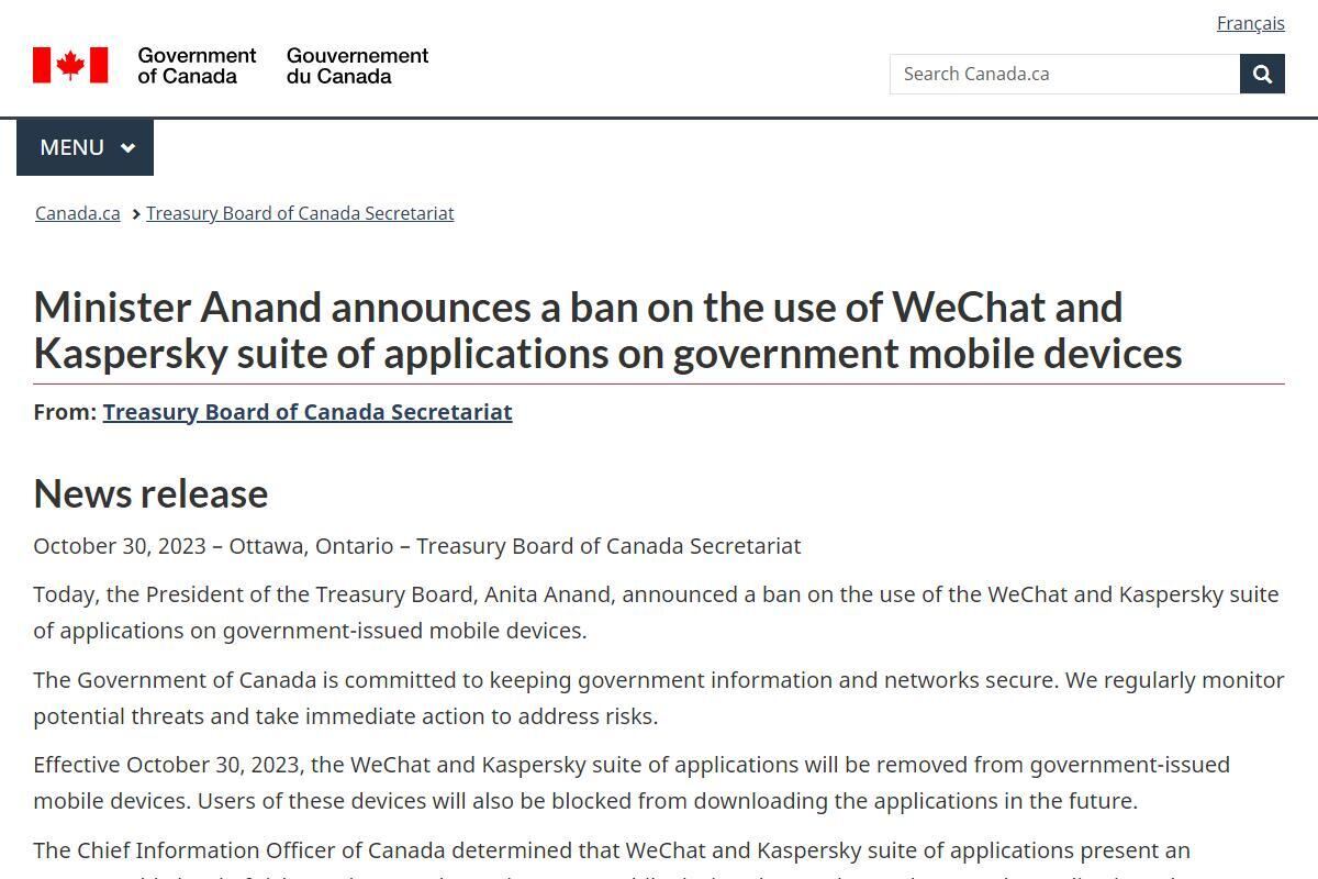 Minister Anand announces a ban on the use of WeChat and Kaspersky suite of applications on government mobile devices - Canada.ca