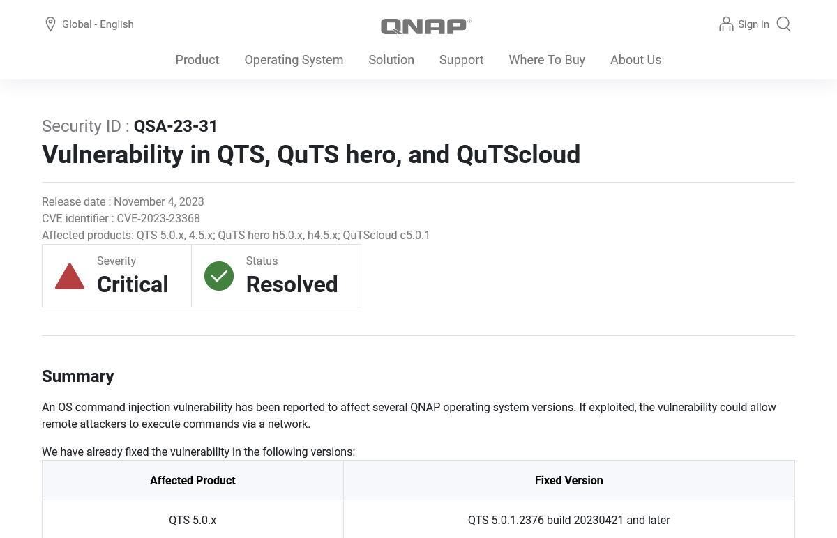 Vulnerability in QTS、QuTS hero、and QuTScloud - Security Advisory｜QNAP