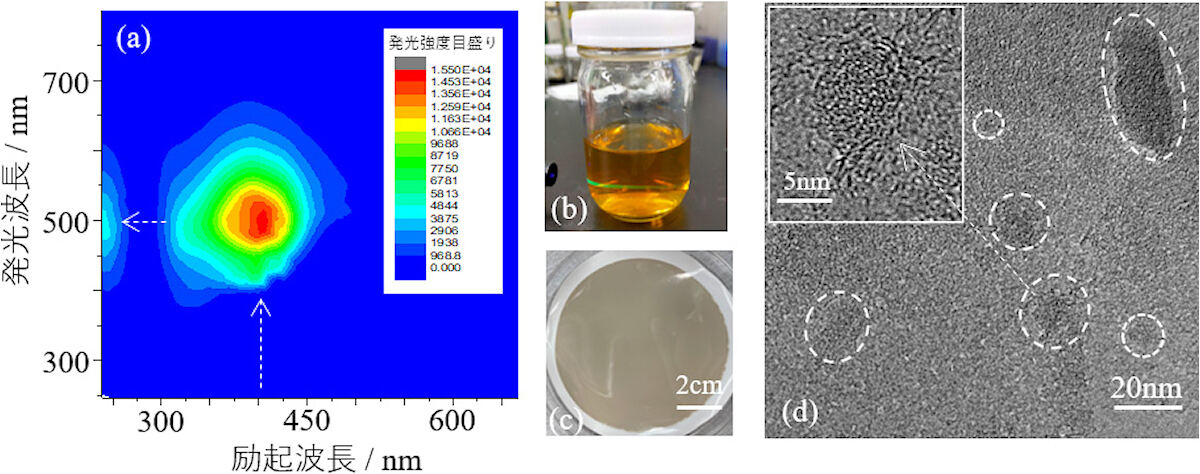 (a)CQDの三次元発光スペクトル。(b)CQDが水に溶解し、青色レーザーで照らした際に緑色を発光する様子。(c)支持体(白)上に形成されたGO複合膜。(d)GO膜構造にCQD(白のサークルで囲まれた部分)が分散している様子(高分解透過型電子顕微鏡像)