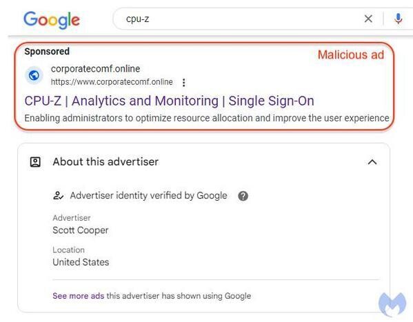 CPU-Zを装う偽のGoogleの広告 - 提供：Malwarebytes