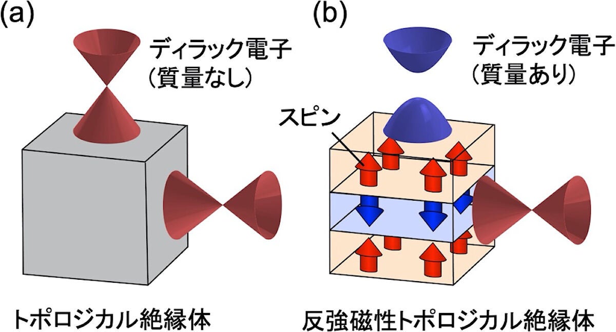 トポロジカル絶縁体(a)および反強磁性トポロジカル絶縁体(b)における、ディラック電子状態の模式図