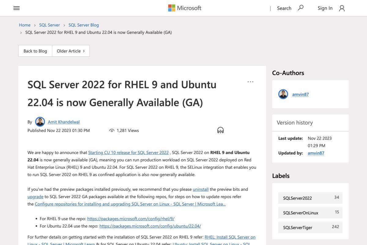  SQL Server 2022 for RHEL 9 and Ubuntu 22.04 is now Generally Available (GA) - Microsoft Community Hub
