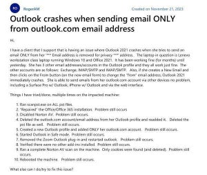 Outlookプレビュー版で、メール送信時にクラッシュする問題が発生