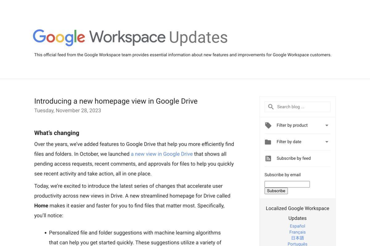 Googleドライブの新しい「ホーム」ビュー　出典:Google Workspace Updates